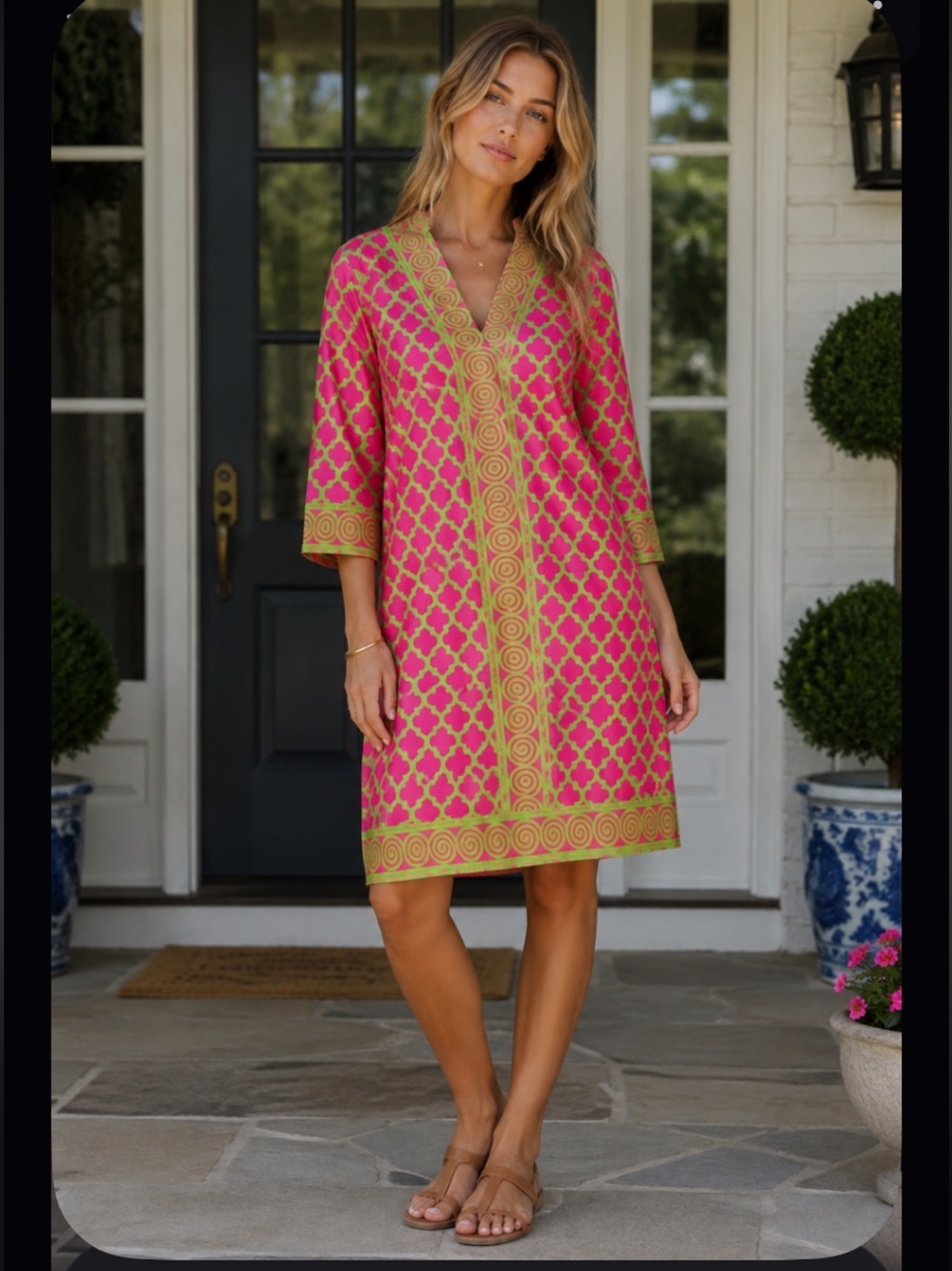 Nwt Gretchen Scott V-neck dress pink green geometric summer fall $268 party prep